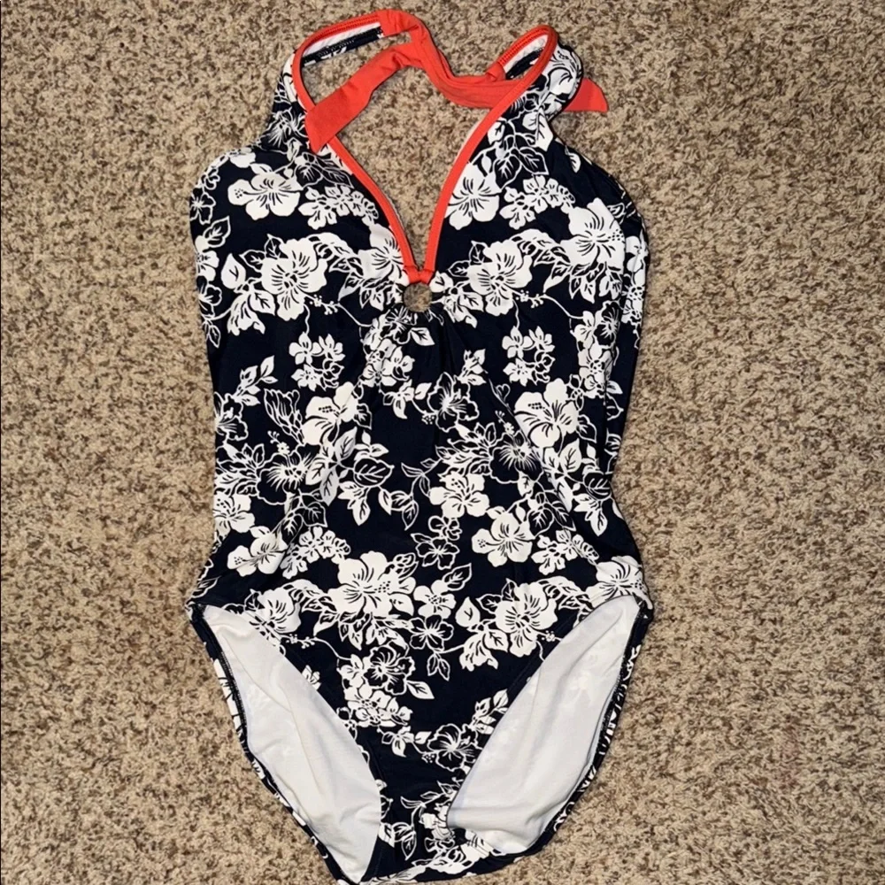 Nautica 16 Floral One-Piece Swimsuit with Coral Trim tie neck - Picture 1 of 3